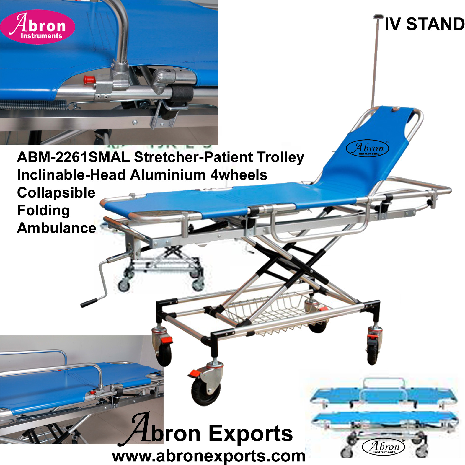 Patient Trolley Stretcher trolley Aluminium with 4 wheel Collapsible Medical Use Folding Ambulance Abron ABM-2261SMAL